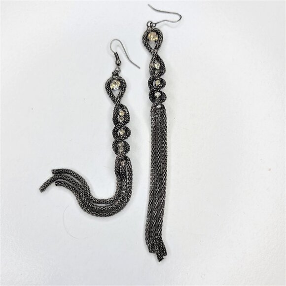BLACK Tassel Long Earrings with Crystals - Picture 1 of 7